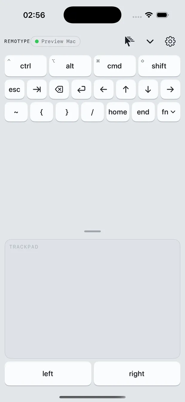 Remotype in Both mode: the modifier and navigation deck above a large multi-touch pad with left and right click buttons.