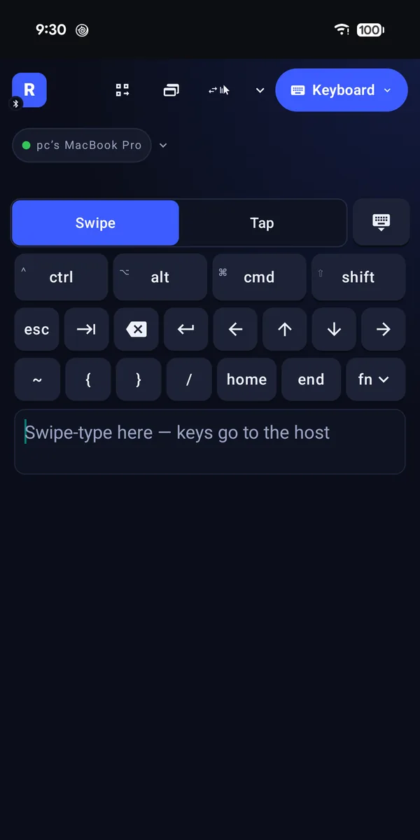 Remotype keyboard on Android, with shortcut keys above a typing area.