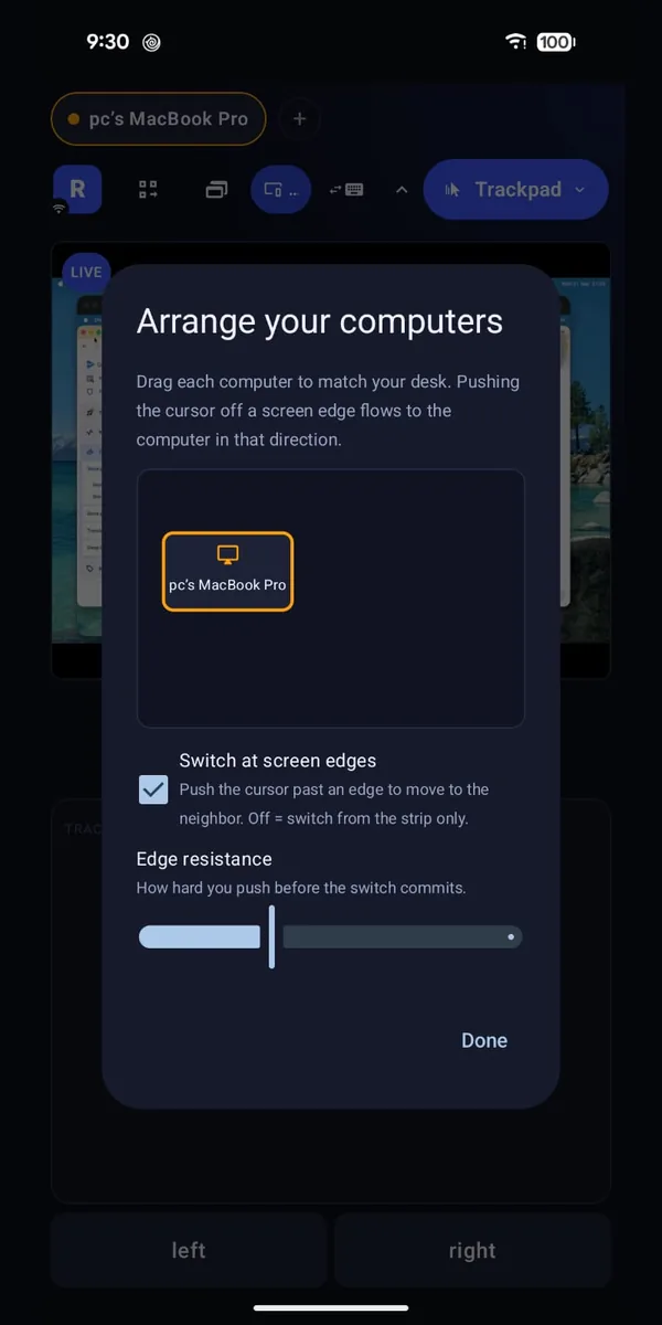 Remotype screen for arranging computers to match your desk.