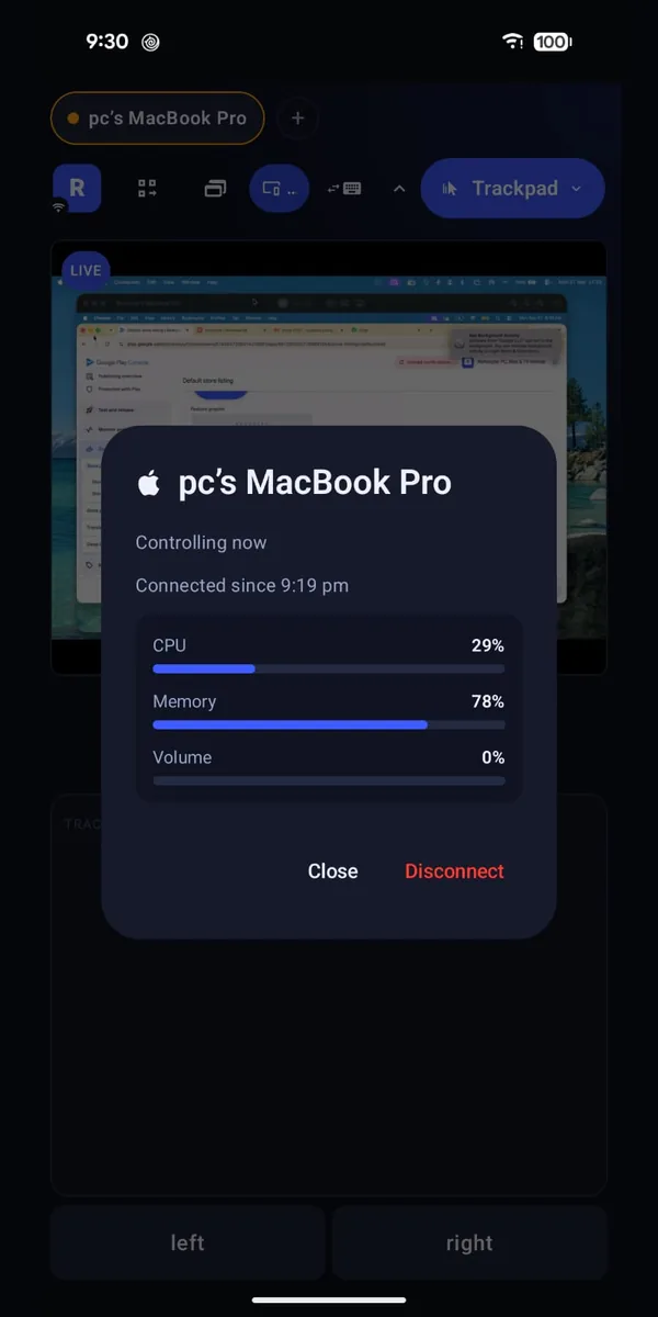 Remotype showing a live view of a Mac desktop on the phone, with the computer’s status underneath.