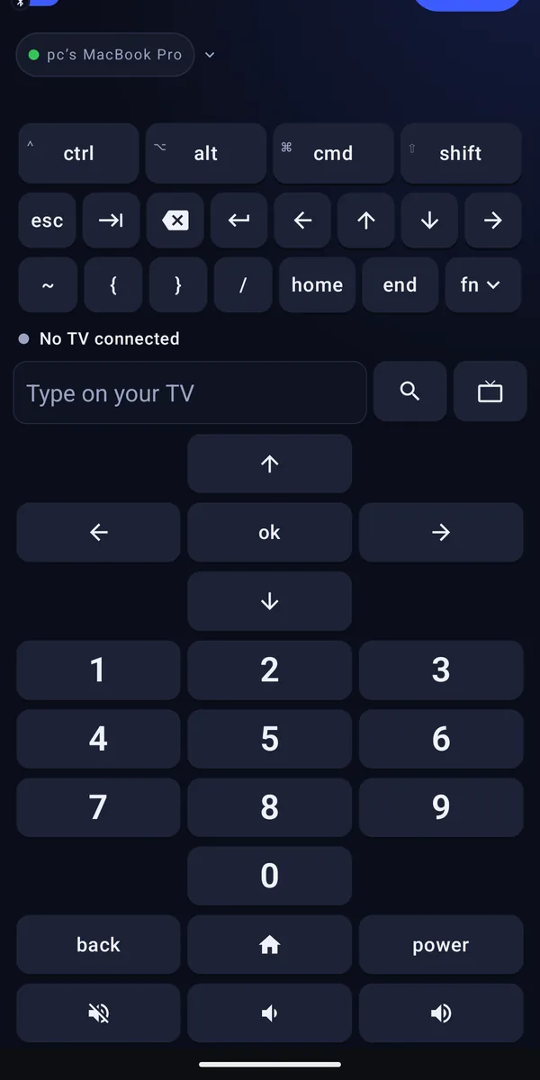 Remotype TV remote on Android, with a text box, arrow keys, a number pad and power, home, back and volume keys.